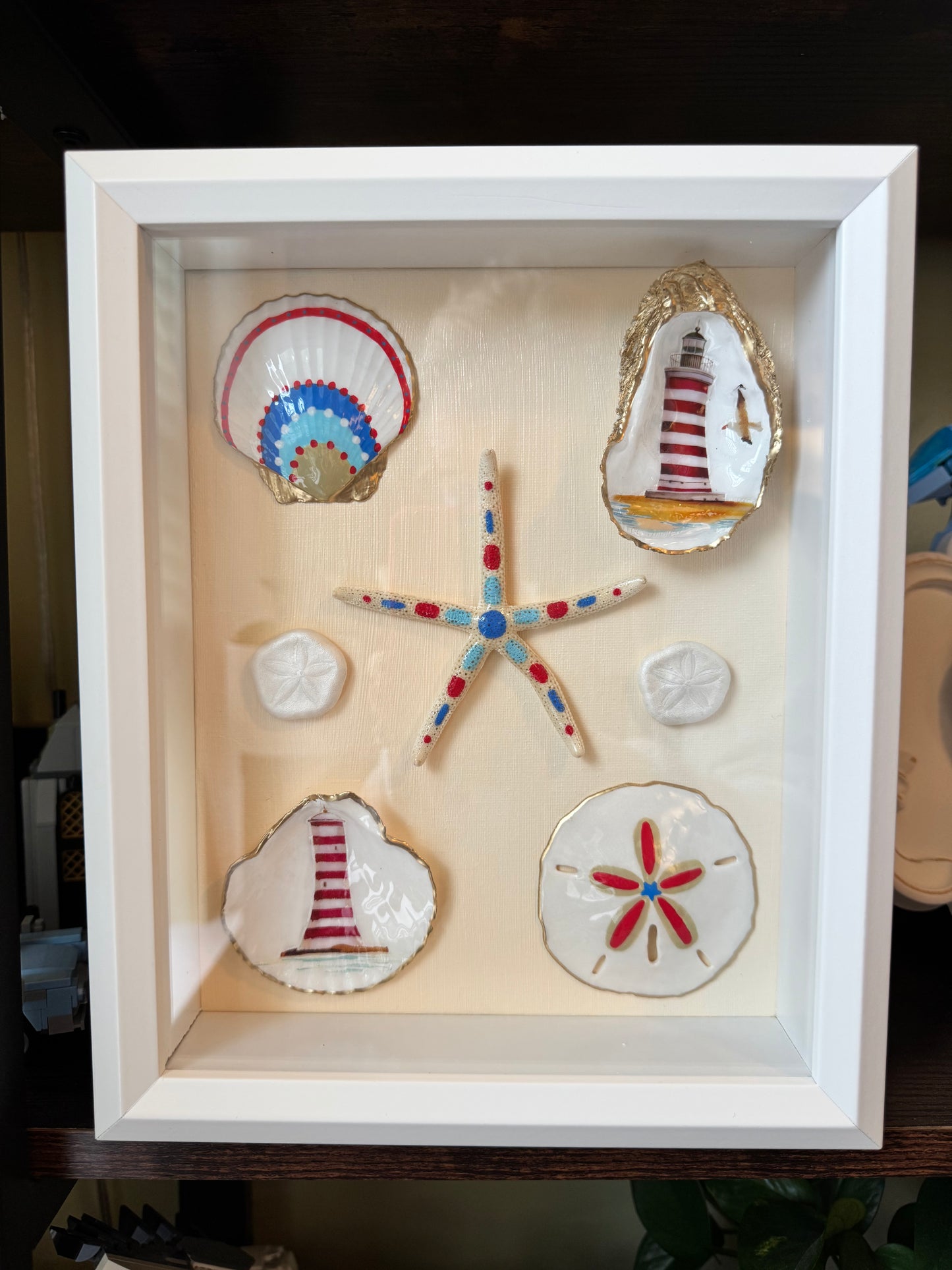 8x10 Shadow Box Hand Painted Shells Lighthouse Love