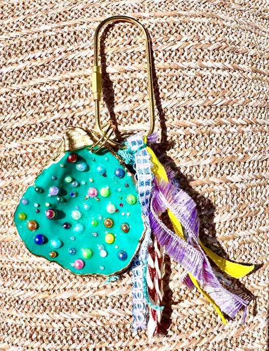 Turquoise Confetti Hand Painted Oyster Shell Bag Tag / Keychain
