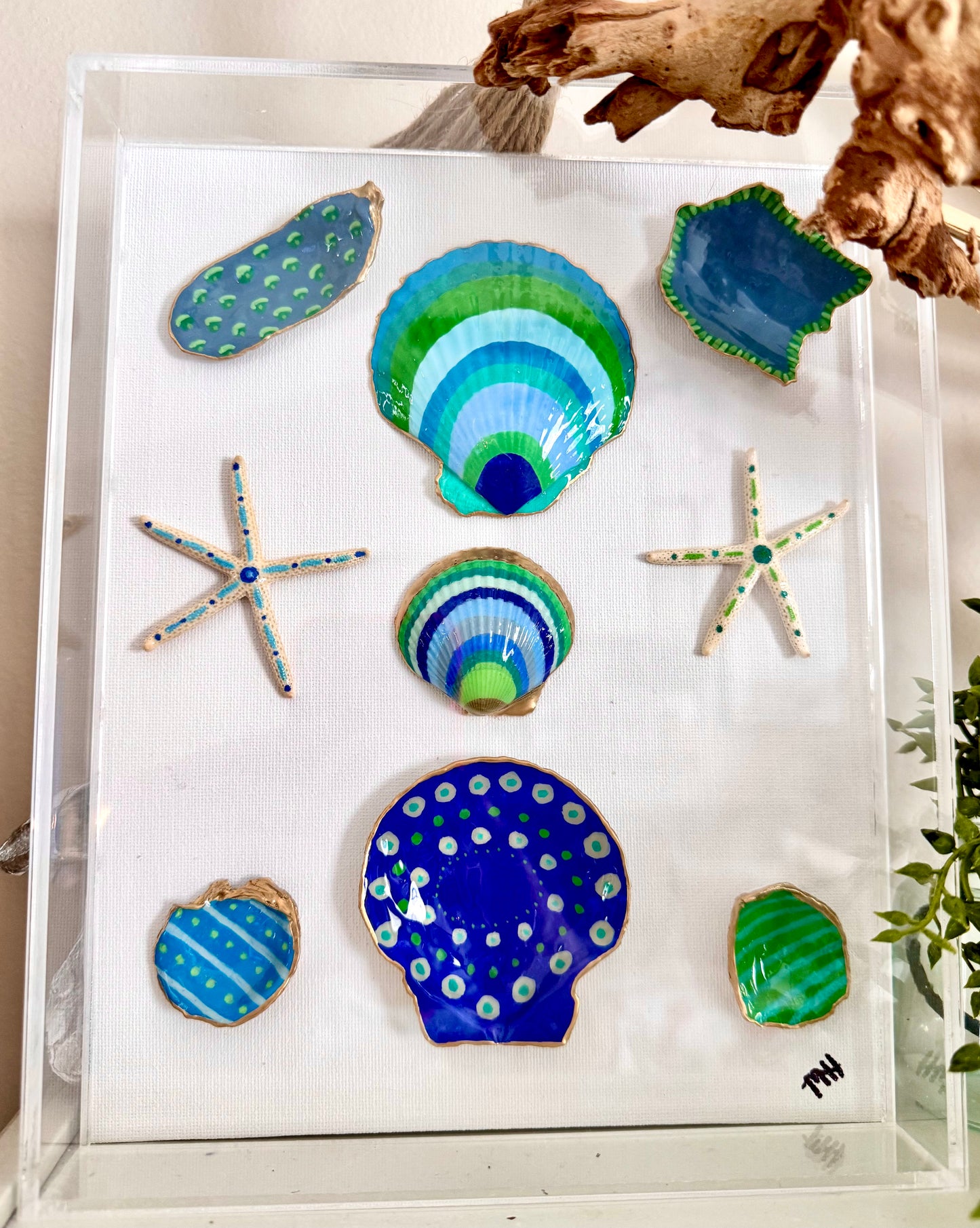 8x10 Acrylic Shadow Box Hand Painted Ocean Blues Shell Art