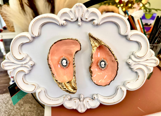 12x9 Hand Painted Peach Vintage Cameo Oyster Shell on Scrolled Wood Frame