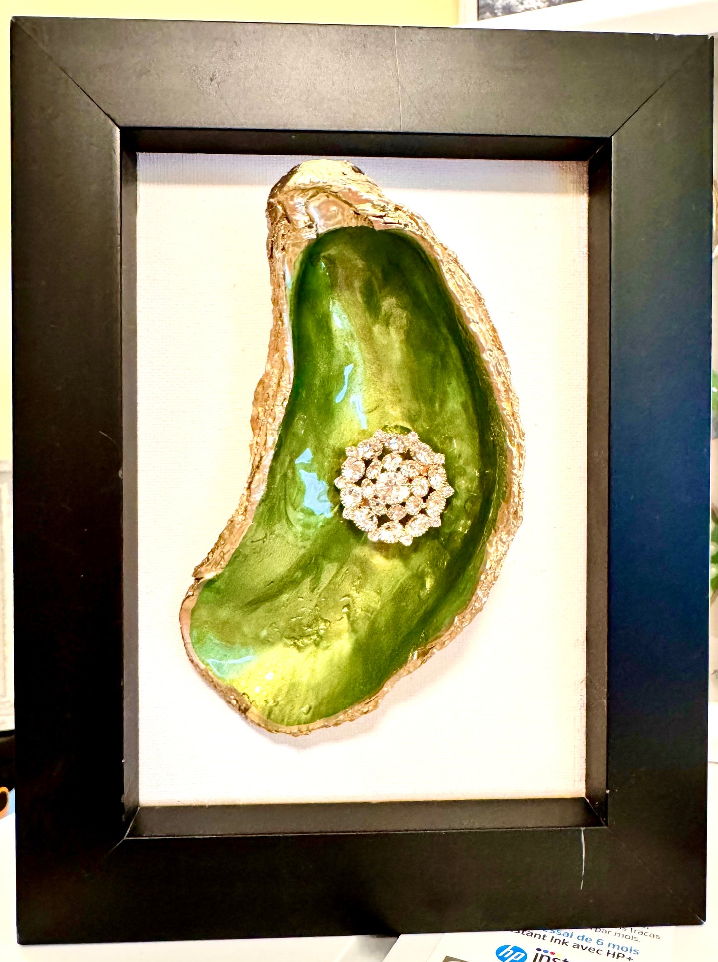 5x7 Vintage Green Oyster Shell Hand Painted Framed Art