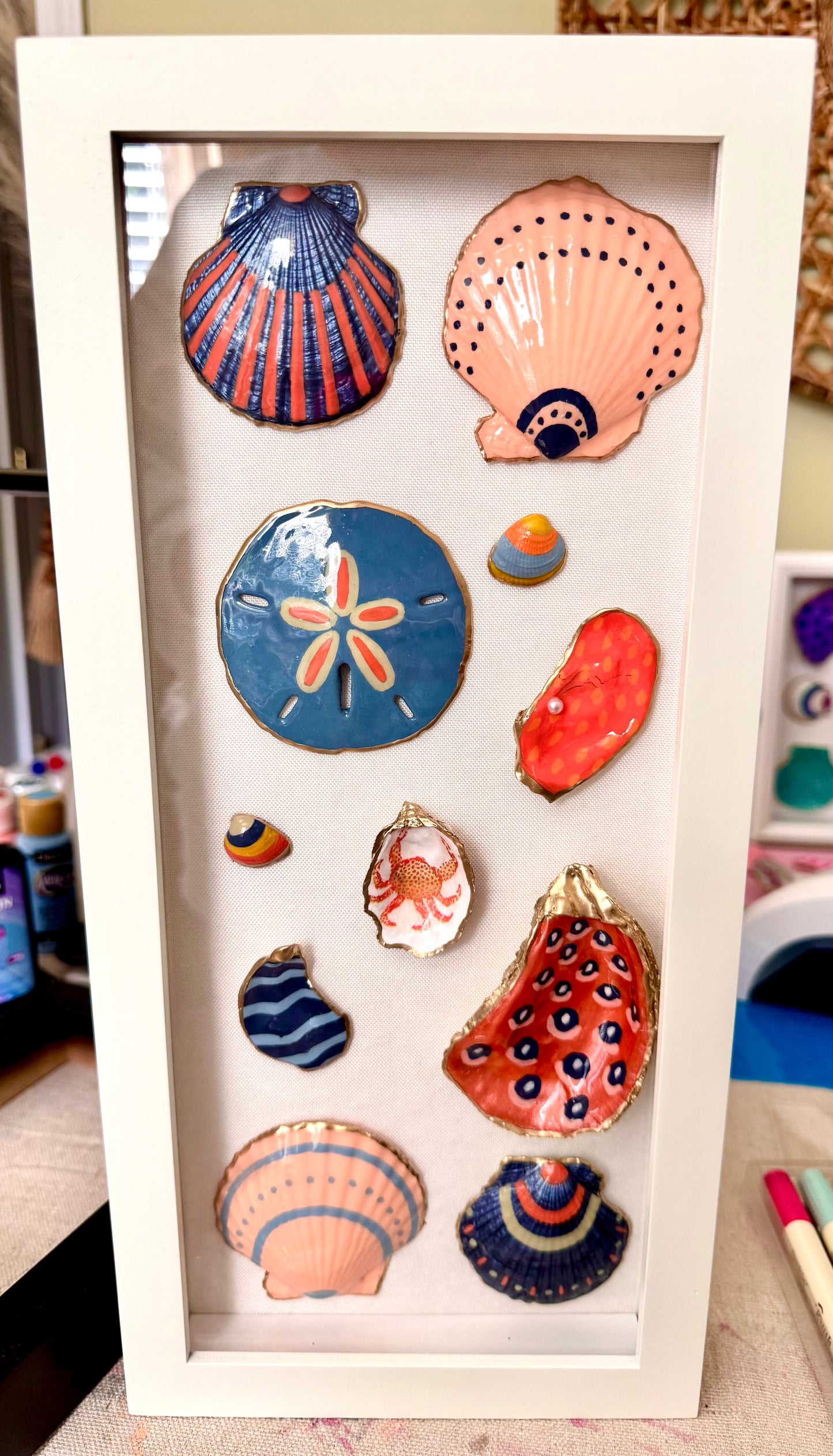 "Crabby" 6x14 Hand Painted Shell Shadow Box